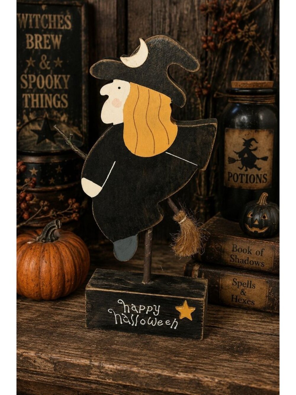 10" Witch Indoor Decor Haunted Spooky Prop Country Style Wooden Happy Halloween
